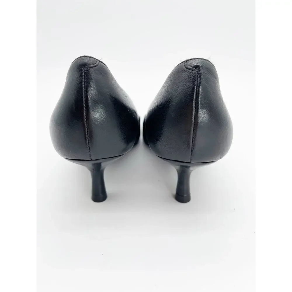 Chanel Vintage Black Leather Cap Toe CC Logo Kitten Heel Pointed Pumps EU 36.5